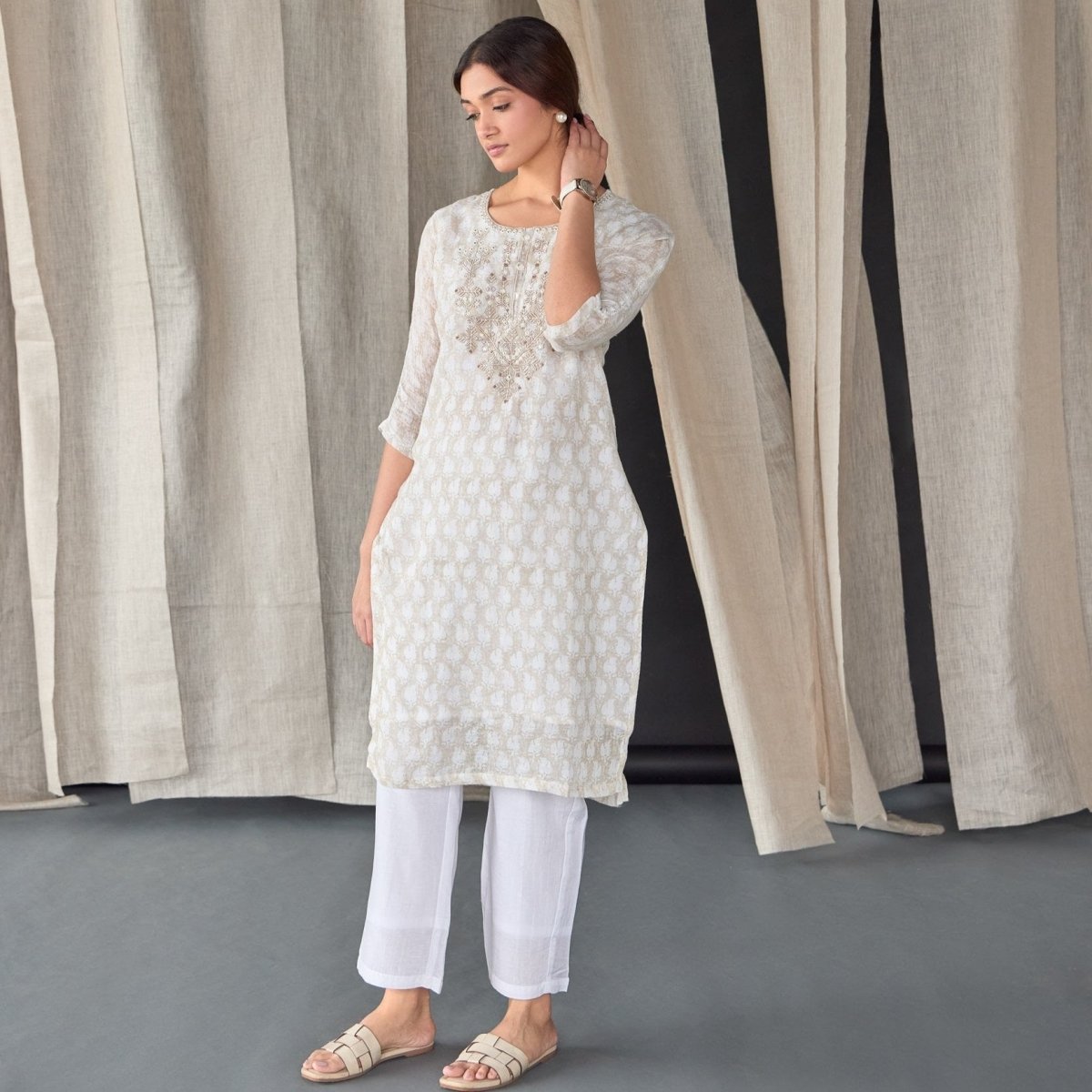 Handblock Off White Pure Linen Kurta | Verified Sustainable by Brown Living™