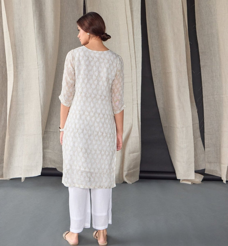 Handblock Off White Pure Linen Kurta | Verified Sustainable Womens Kurta on Brown Living™