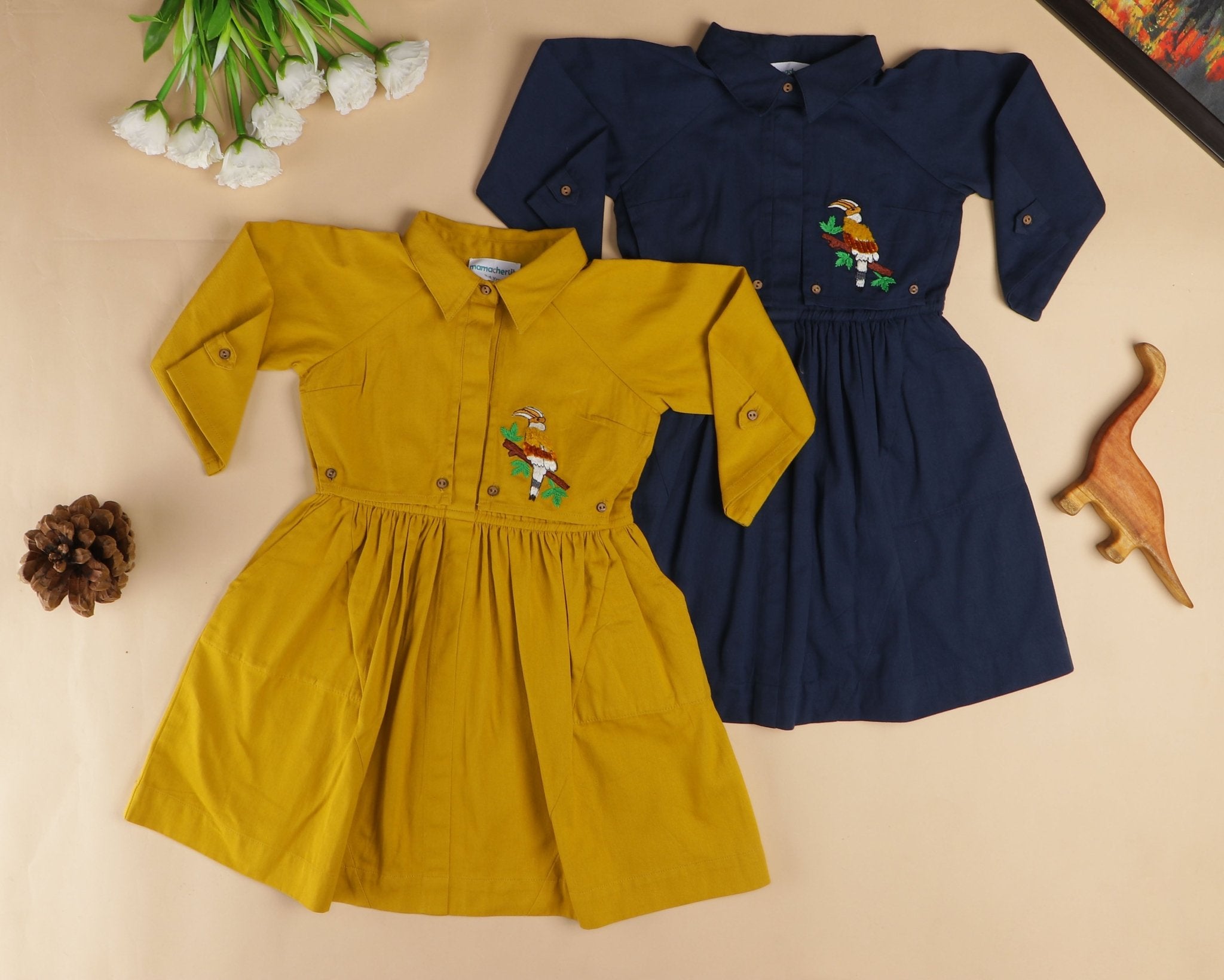 Handcrafted Beaky Hornbill Trench Style Cotton Dress – Fall Yellow – Kids Daywear Sets on Brown Living™. SKU: MW22KYHD-2-3. Img 2.