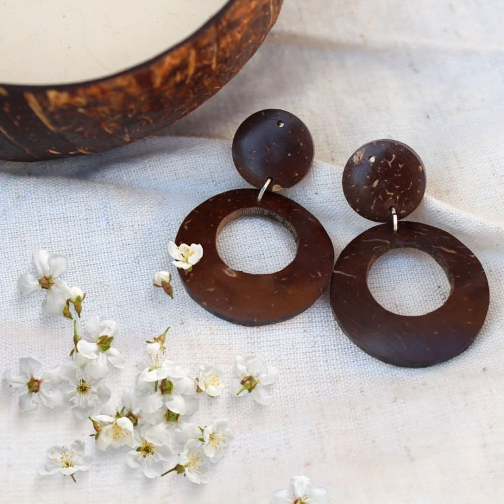 Handcrafted Coco Earth Drops Coconut Shell Earrings – Womens Jewellery on Brown Living™. SKU: OEP104a. Img 3.