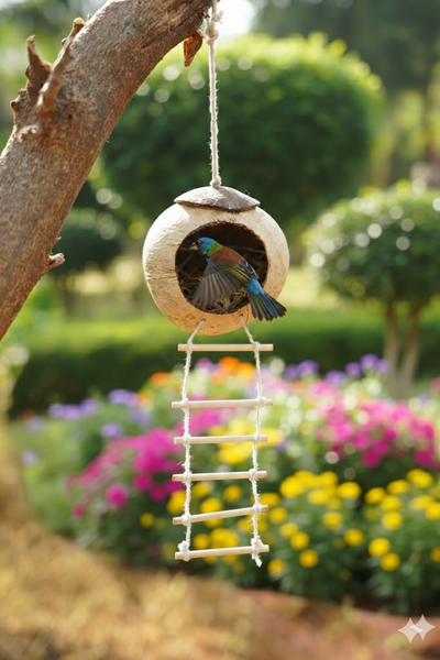 Handcrafted Coconut Shell Bird House with Ladder | Bird's Nest Cage – Home & Garden on Brown Living™. SKU: KOTT001. Img 3.