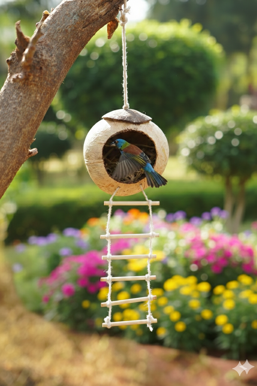 Handcrafted Coconut Shell Bird House with Ladder | Bird's Nest Cage – Home & Garden on Brown Living™. SKU: KOTT001. Img 3.