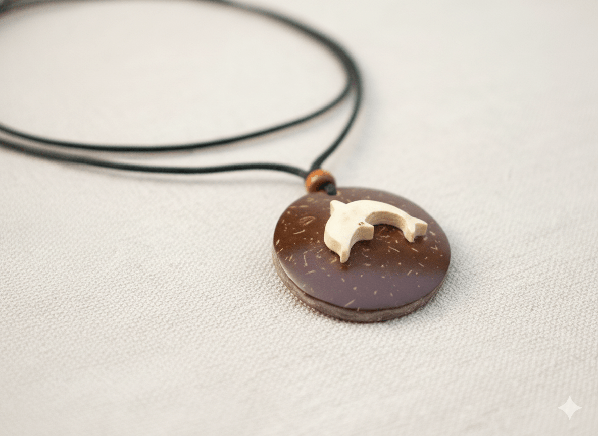 Handcrafted Coconut Shell Dolphin Pendant with Cotton Rope – Womens Charms & Pendants on Brown Living™. SKU: KOTT025. Img 1.