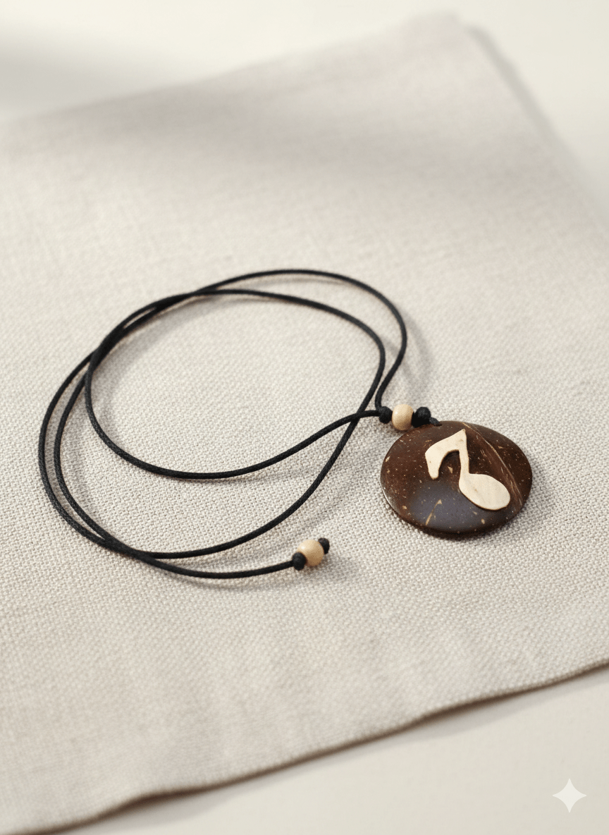 Handcrafted Coconut Shell Music Pendant – Jewellery on Brown Living™. SKU: KOTT024. Img 1.