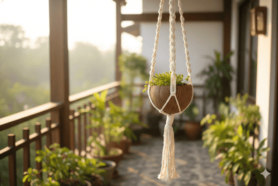 Handcrafted Coconut Shell Plant Hanger | Cotton Rope Hanging Planter – Pots & Planters on Brown Living™. SKU: KOT-DC-004. Img 5.