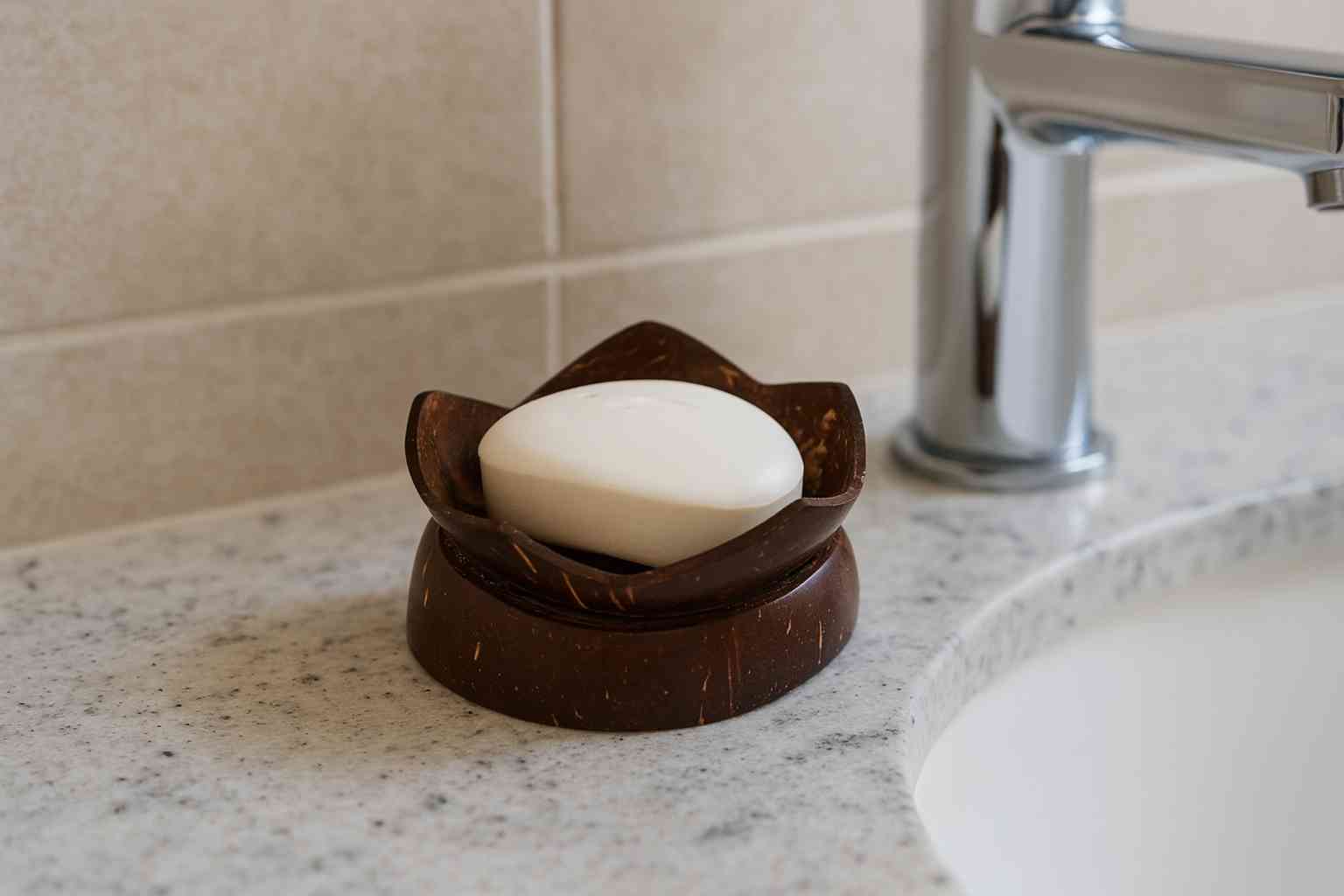 Handcrafted Coconut Shell Soap Dish with Drain –Natural & Plastic - Free – Bath Accessories on Brown Living™. SKU: KOTT004. Img 1.