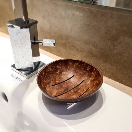 Handcrafted Coconut Shell Soap Holder with Drain – Bath Accessories on Brown Living™. SKU: KOTT004. Img 2.