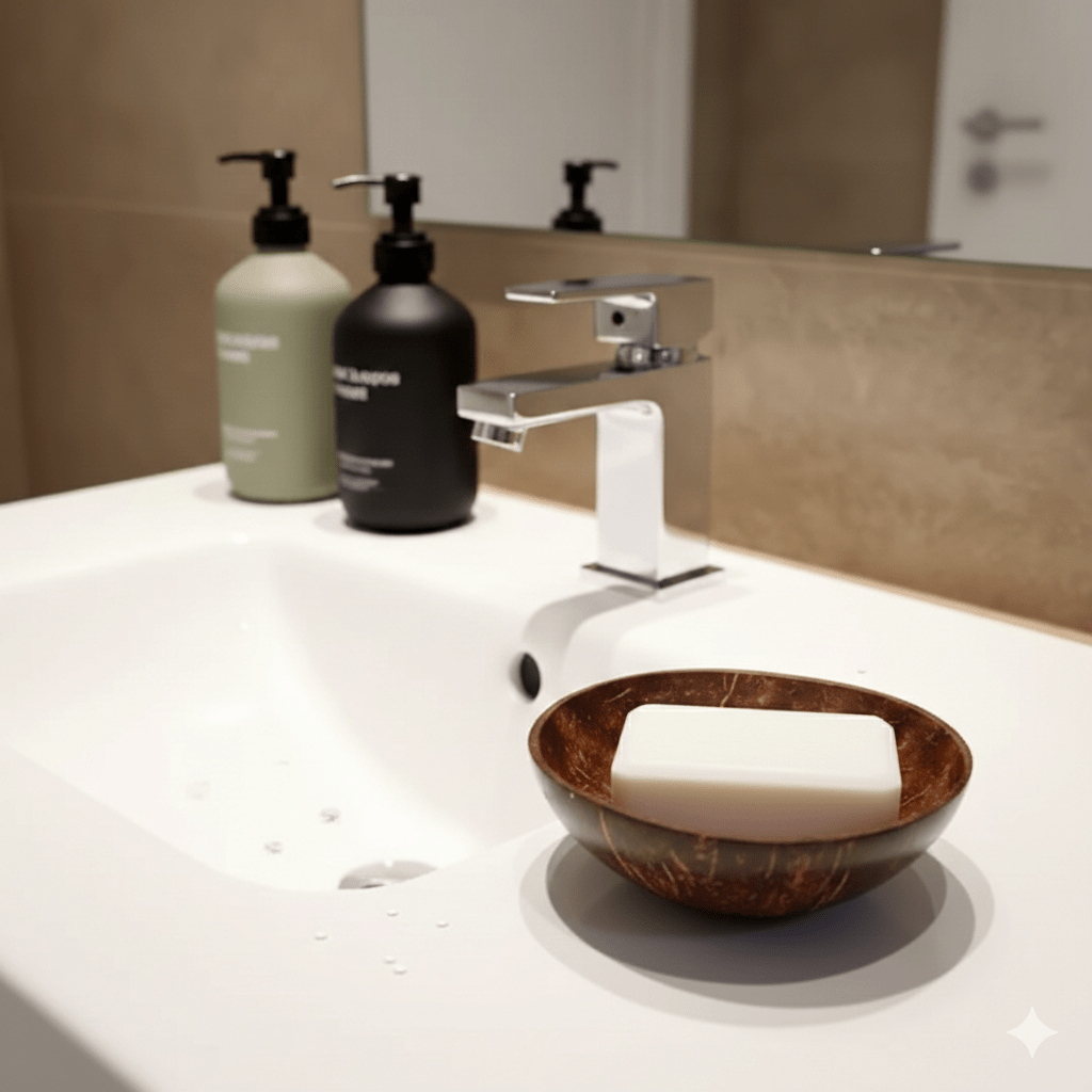 Handcrafted Coconut Shell Soap Holder with Drain – Bath Accessories on Brown Living™. SKU: KOTT004. Img 1.