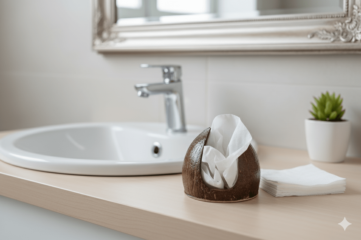 Handcrafted Coconut Shell Table Tissue Holder – Eco - Friendly Decor – Bath Accessories on Brown Living™. SKU: KOTT012. Img 1.