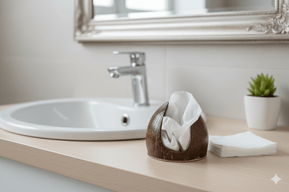 Handcrafted Coconut Shell Table Tissue Holder – Eco - Friendly Decor – Bath Accessories on Brown Living™. SKU: KOTT012. Img 1.