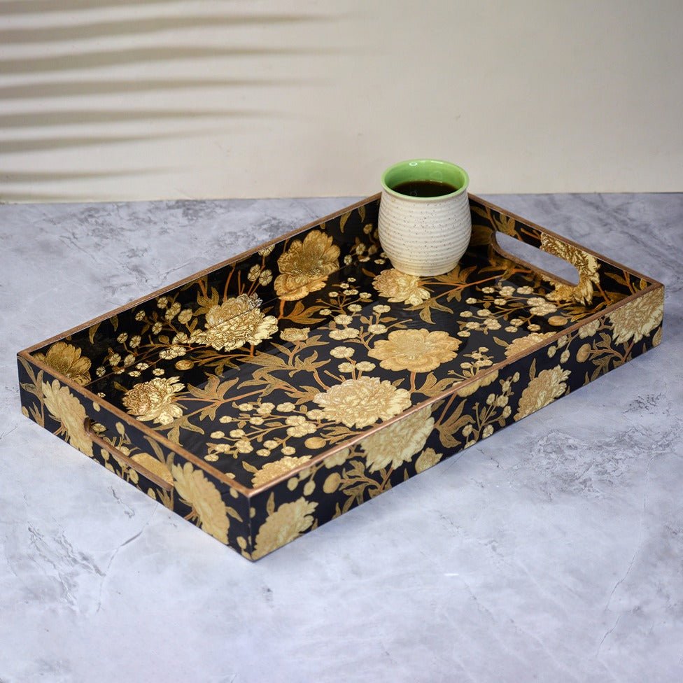 Handcrafted Floral Black Gold Foiling Tray | Verified Sustainable by Brown Living™