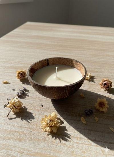 Handcrafted Natural Coconut Shell Candle – Floral Aroma – Candles & Fragrances on Brown Living™. SKU: BL-CSC. Img 1.
