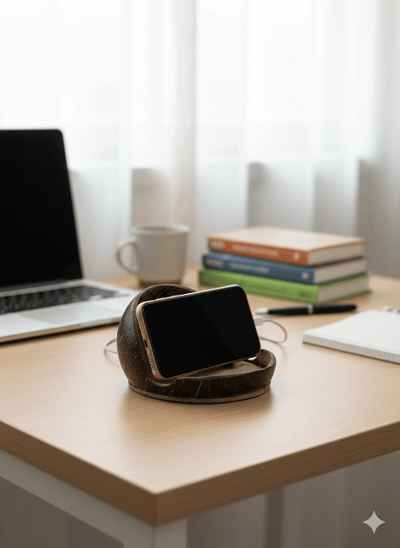Handcrafted Natural Coconut Shell Mobile Stand – Desk Accessories on Brown Living™. SKU: KOTT014. Img 2.