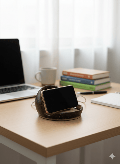 Handcrafted Natural Coconut Shell Mobile Stand – Desk Accessories on Brown Living™. SKU: KOTT014. Img 2.