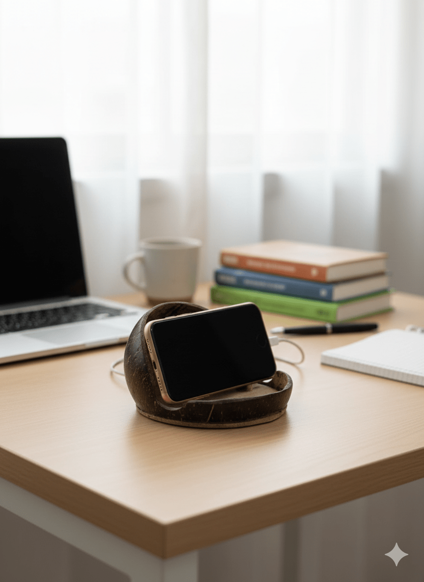 Handcrafted Natural Coconut Shell Mobile Stand – Desk Accessories on Brown Living™. SKU: KOTT014. Img 2.