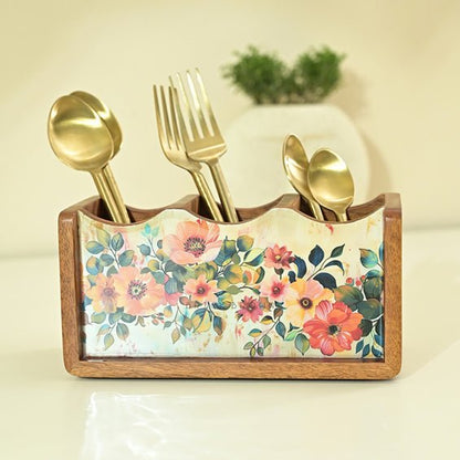 Handcrafted Pastel Flora Cutlery Holder | Made with Mango Wood | Verified Sustainable by Brown Living™