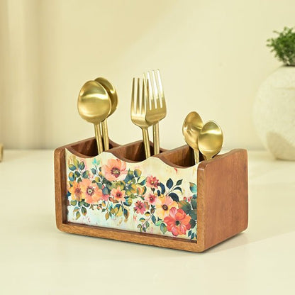 Handcrafted Pastel Flora Cutlery Holder | Made with Mango Wood | Verified Sustainable by Brown Living™