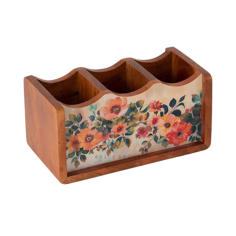 Handcrafted Pastel Flora Cutlery Holder | Made with Mango Wood | Verified Sustainable by Brown Living™