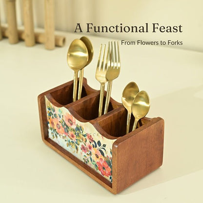 Handcrafted Pastel Flora Cutlery Holder | Made with Mango Wood | Verified Sustainable by Brown Living™