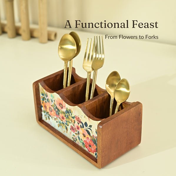 Handcrafted Pastel Flora Cutlery Holder | Made with Mango Wood | Verified Sustainable by Brown Living™