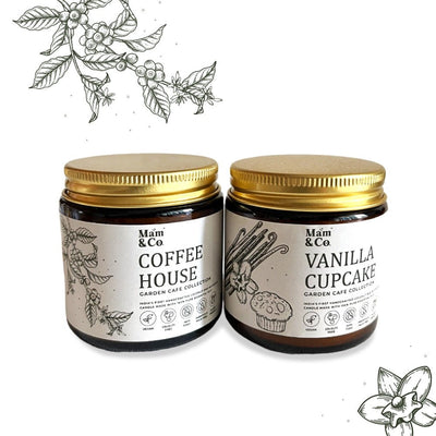 Handcrafted Set of 2 Coconut Wax Candles - Coffee House + Vanilla Cupcake – Gift Giving on Brown Living™. SKU: BUN06. Img 1.