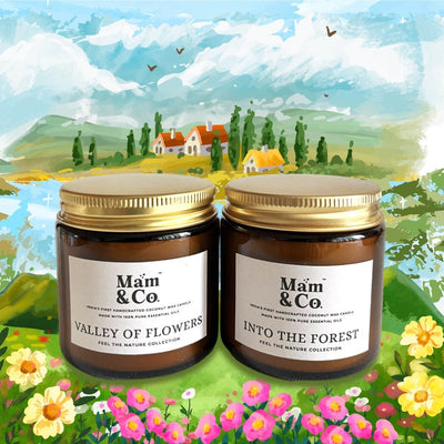 Handcrafted Set of 2 Coconut Wax Candles - Valley of Flowers + Into the Forest – Gift Giving on Brown Living™. SKU: BUN07. Img 1.