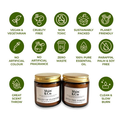 Handcrafted Set of 2 Coconut Wax Candles - Valley of Flowers + Into the Forest – Gift Giving on Brown Living™. SKU: BUN07. Img 7.