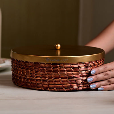 Handcrafted Sikki Grass Roti & Chapati Box With Gold - Tone Metal Lid – Containers on Brown Living™. SKU: SK35BRNLGLD. Img 1.