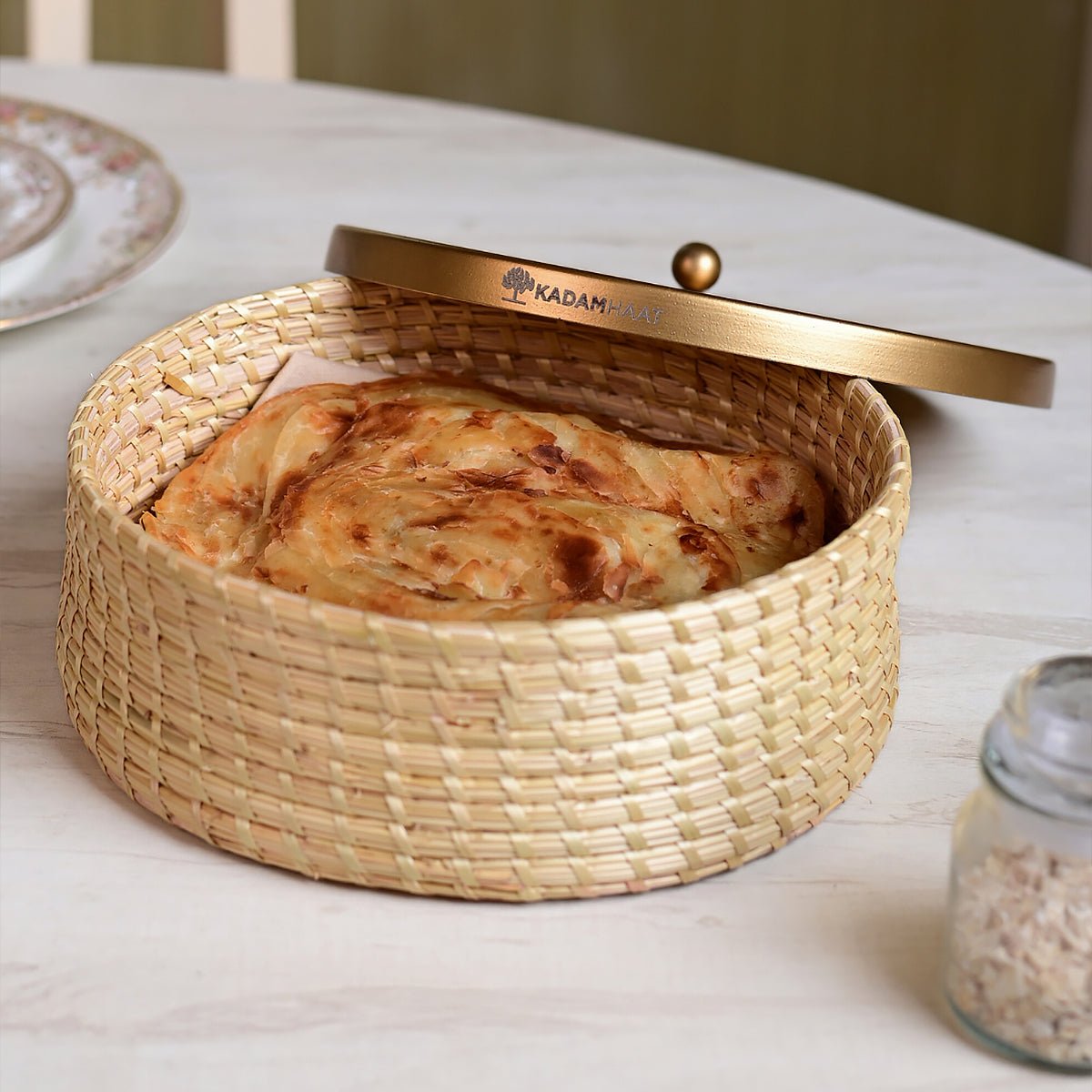 Handcrafted Sikki Grass Roti & Chapati Box With Gold - Tone Metal Lid – Containers on Brown Living™. SKU: SK35NATLGLD. Img 6.