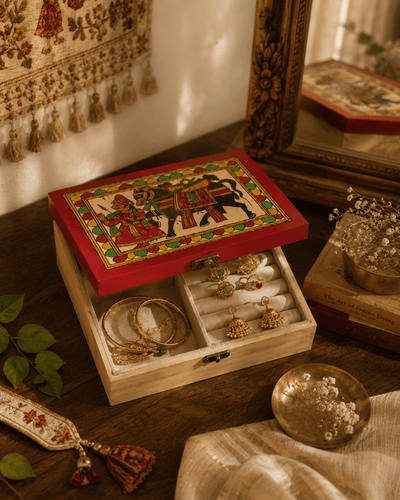 Handcrafted Wooden Storage Box with Traditional Phad Artwork – Organizers on Brown Living™. SKU: PDAMSBMDMC01. Img 2.