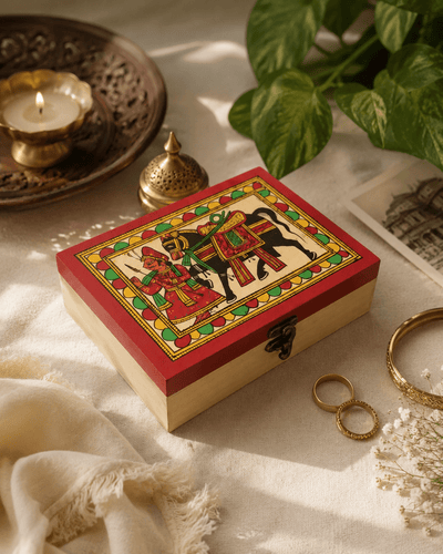 Handcrafted Wooden Storage Box with Traditional Phad Artwork – Organizers on Brown Living™. SKU: PDAMSBMDMC01. Img 1.