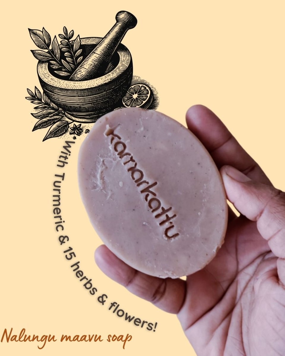 Handmade Bath Soap - Nalungu Maavu - Pack of 3 – Body Soap by Kamarkattu Ecostore available on Brown Living™. With Soap Dish With Loofah. SKU: hbs3withall. Img 1.