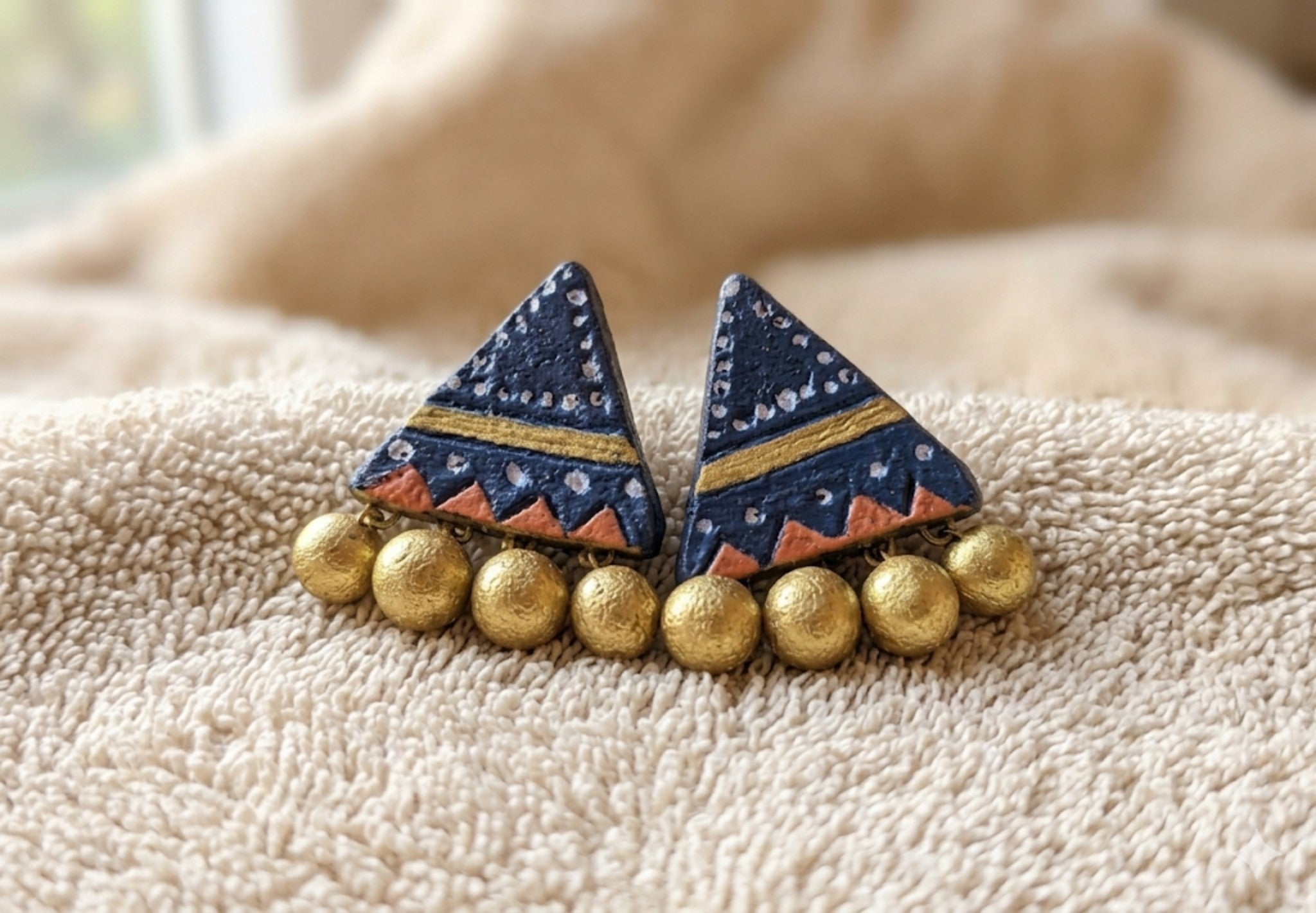 Handmade Blue Terracotta Triangle Jhumka Earrings – Womens Earrings on Brown Living™. SKU: KOTT-T015. Img 2.