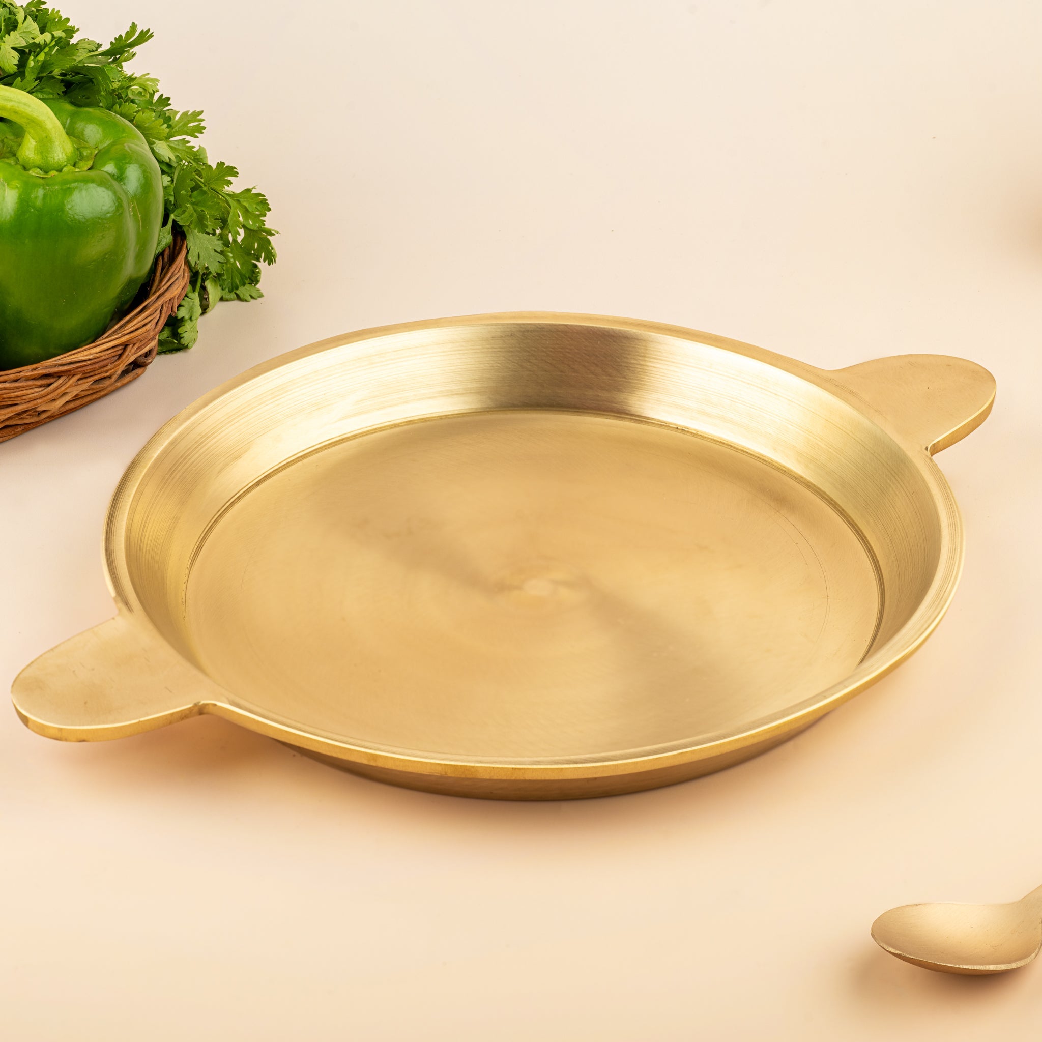 Handmade Bronze Fry Pan – Flat Bottom | Traditional Kansa Cookware – Cookware on Brown Living™. SKU: B40. Img 2.