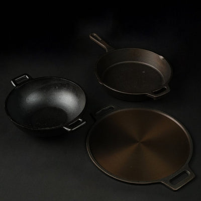 Handmade Cast Iron Combo (Kadai + Dosa Tawa + Skillet) – Cookware on Brown Living™. SKU: CastIron - Combo - 1 - 7330g - packof3. Img 5.