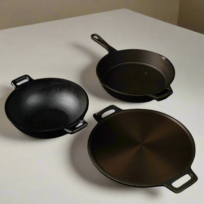 Handmade Cast Iron Combo (Kadai + Dosa Tawa + Skillet) – Cookware on Brown Living™. SKU: CastIron - Combo - 1 - 7330g - packof3. Img 1.