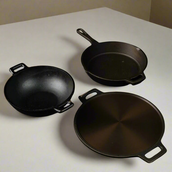 Handmade Cast Iron Combo (Kadai + Dosa Tawa + Skillet) | Verified Sustainable Cookware on Brown Living™