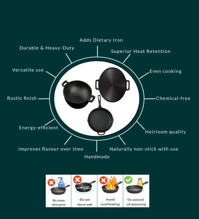 Handmade Cast Iron Combo (Kadai + Dosa Tawa + Skillet) – Cookware on Brown Living™. SKU: CastIron-Combo-1-7330g-packof3. Img 6.