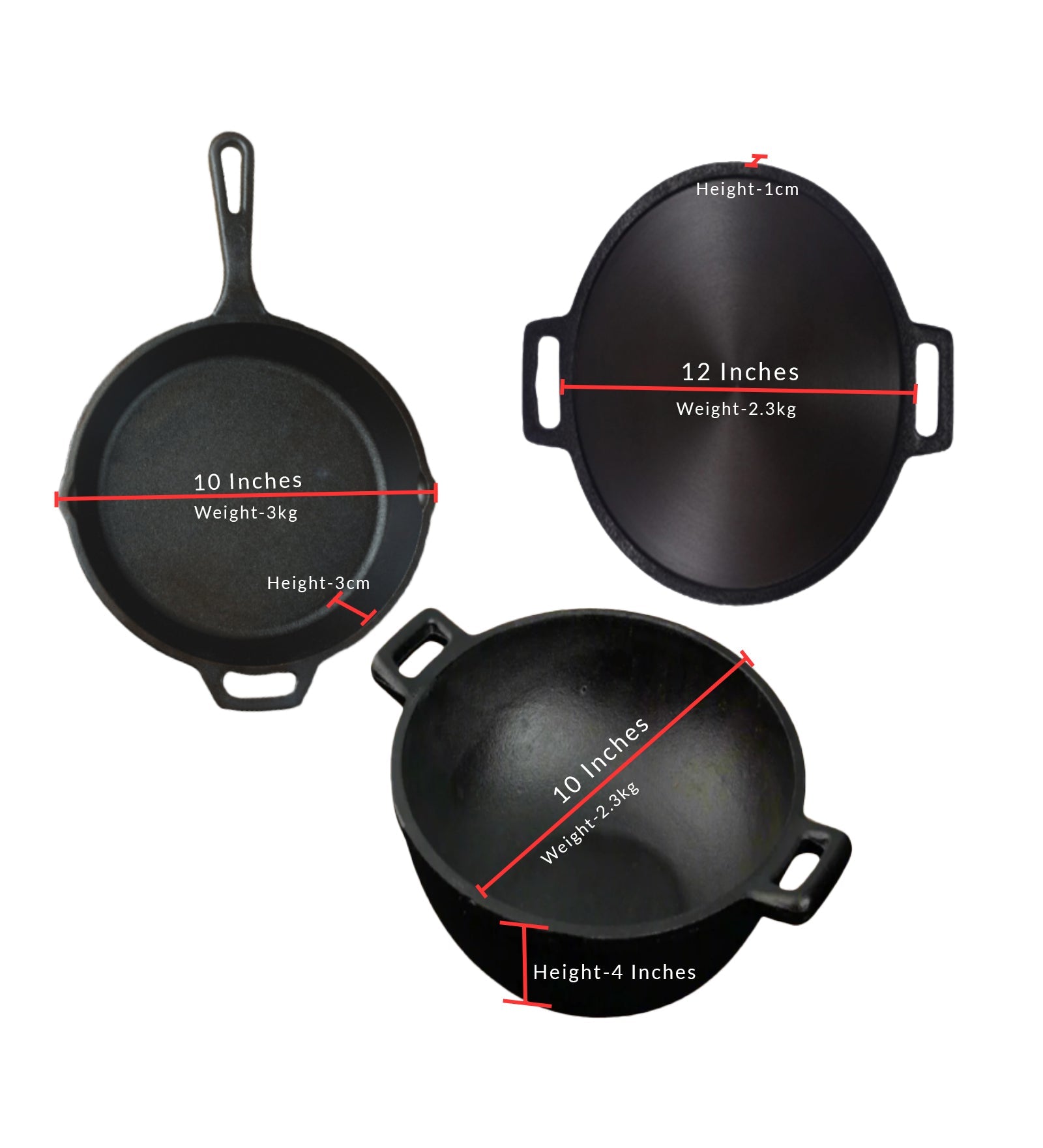 Handmade Cast Iron Combo (Kadai + Dosa Tawa + Skillet) – Cookware on Brown Living™. SKU: CastIron-Combo-1-7330g-packof3. Img 5.