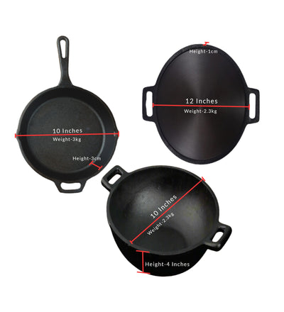 Handmade Cast Iron Combo (Kadai + Dosa Tawa + Skillet) – Cookware on Brown Living™. SKU: CastIron-Combo-1-7330g-packof3. Img 5.