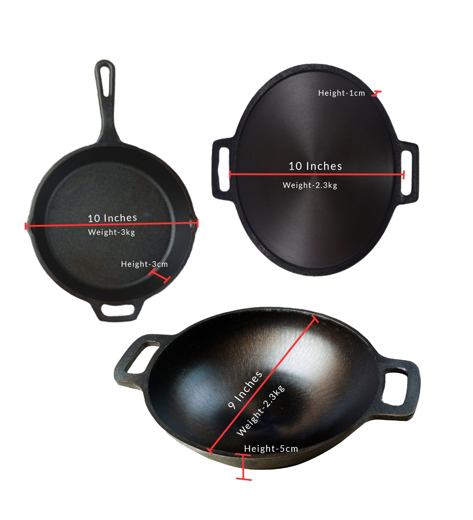 Handmade Cast Iron Combo (Kadai + Dosa Tawa + Skillet) – Cookware on Brown Living™. SKU: CastIron-Combo-4-7250g-packof3. Img 5.