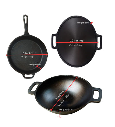 Handmade Cast Iron Combo (Kadai + Dosa Tawa + Skillet) – Cookware on Brown Living™. SKU: CastIron-Combo-4-7250g-packof3. Img 5.