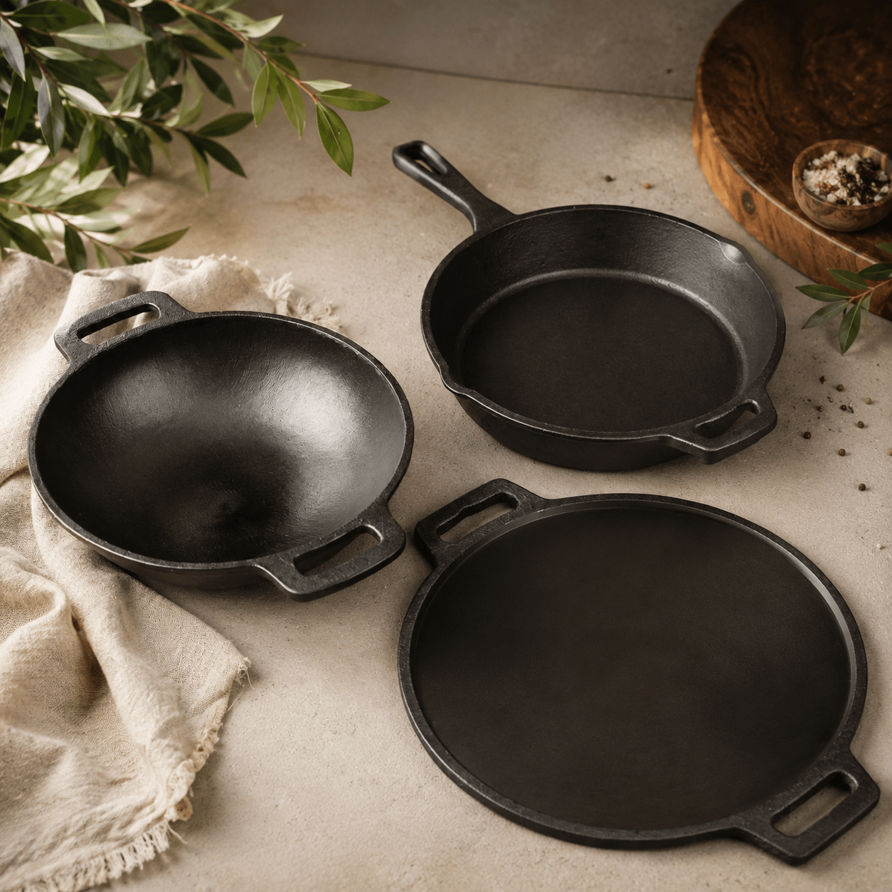 Handmade Cast Iron Combo (Kadai + Dosa Tawa + Skillet) – Cookware on Brown Living™. SKU: CastIron-Combo-4-7250g-packof3. Img 1.