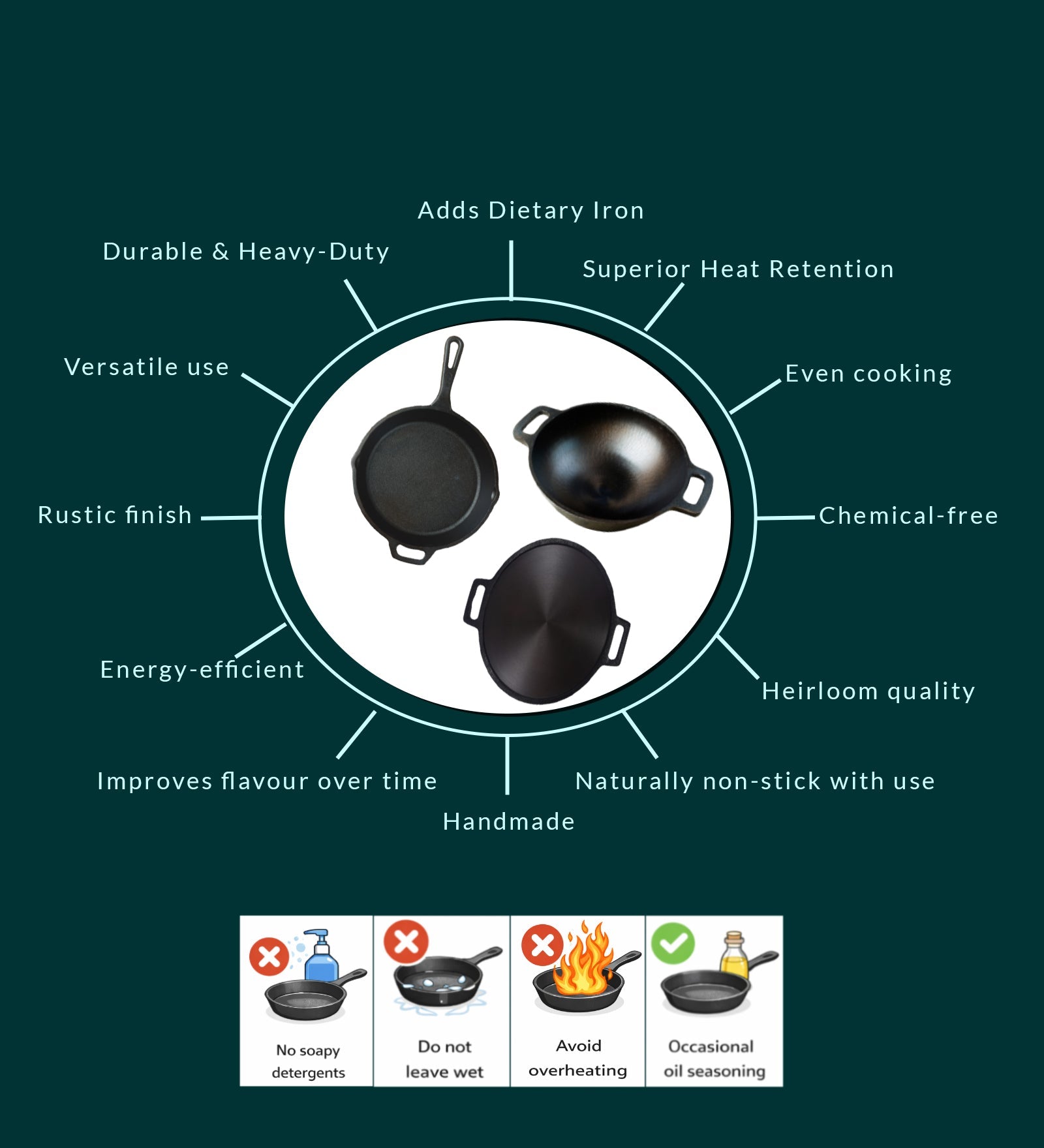 Handmade Cast Iron Combo (Kadai + Dosa Tawa + Skillet) – Cookware on Brown Living™. SKU: CastIron-Combo-4-7250g-packof3. Img 6.