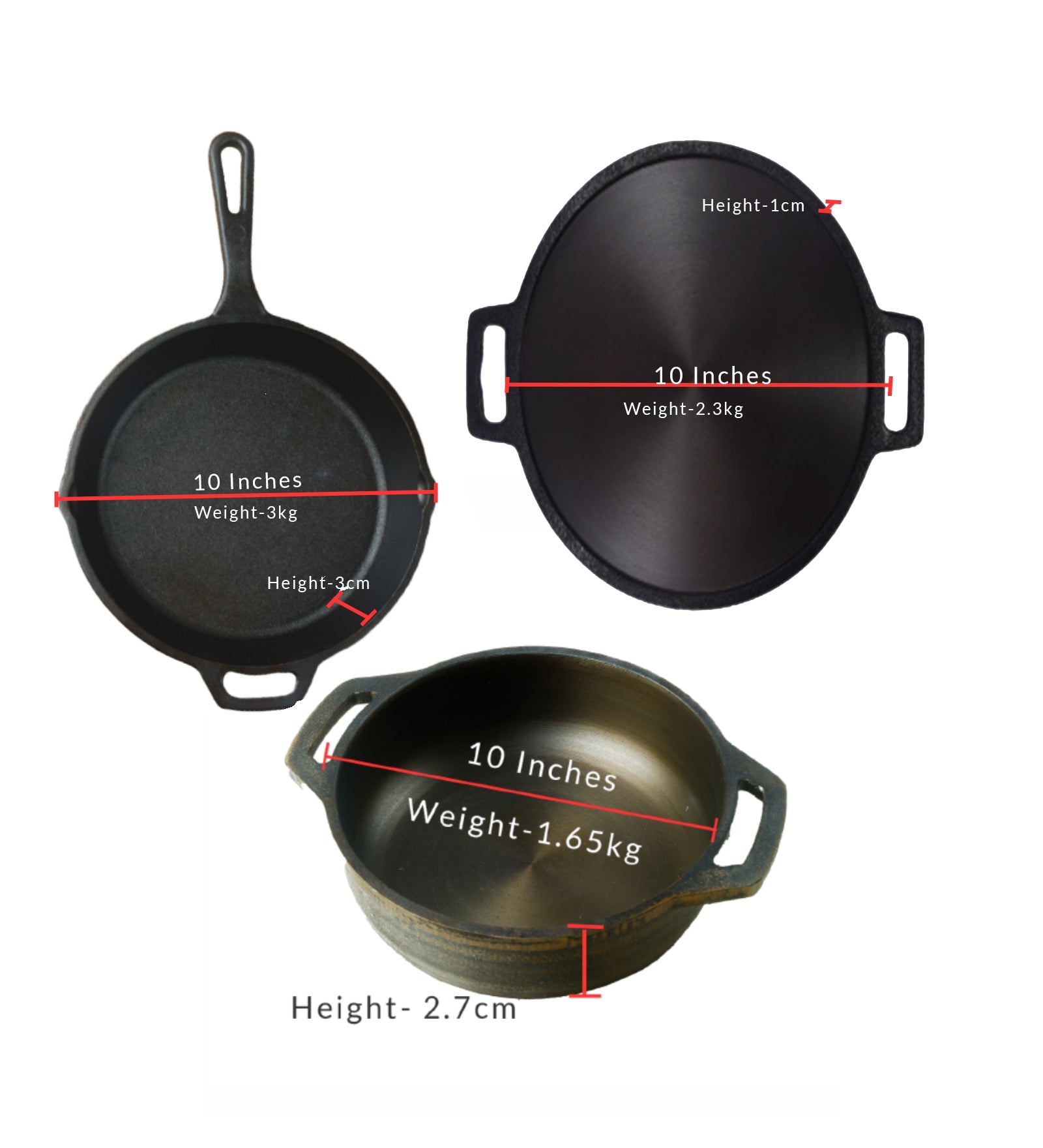 Handmade Cast Iron Combo (Kadai + Dosa Tawa + Skillet) – Cookware on Brown Living™. SKU: CastIron-Combo-6-7750g-packof3. Img 5.