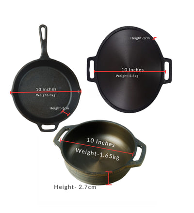 Handmade Cast Iron Combo (Kadai + Dosa Tawa + Skillet) – Cookware on Brown Living™. SKU: CastIron-Combo-6-7750g-packof3. Img 5.