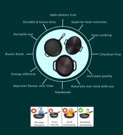 Handmade Cast Iron Combo (Kadai + Dosa Tawa + Skillet) – Cookware on Brown Living™. SKU: CastIron-Combo-6-7750g-packof3. Img 6.
