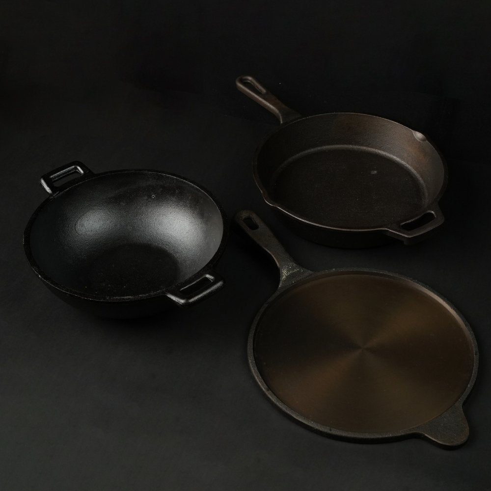 Handmade Cast Iron Combo (Kadai + Roti/ Dosa Tawa + Skillet) | Verified Sustainable by Brown Living™