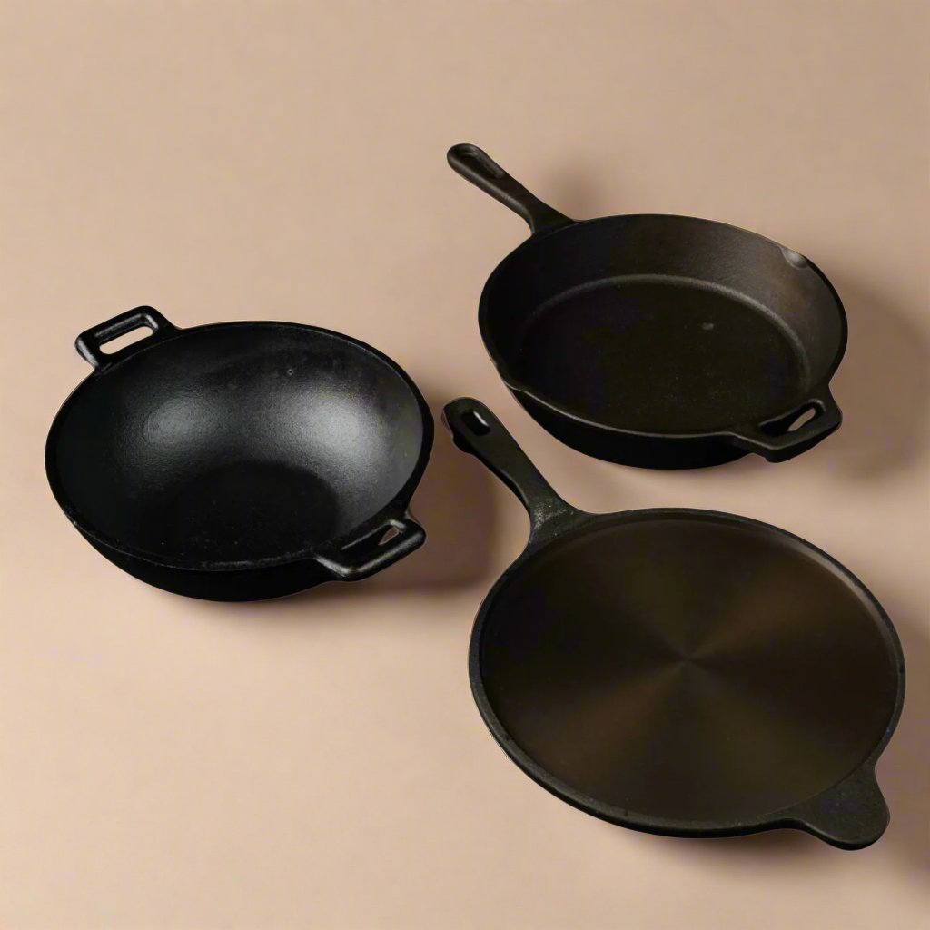 Handmade Cast Iron Combo (Kadai + Roti/ Dosa Tawa + Skillet) | Verified Sustainable by Brown Living™