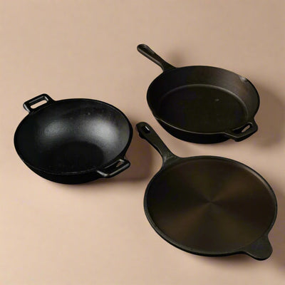 Handmade Cast Iron Combo (Kadai + Roti/ Dosa Tawa + Skillet) – Cookware on Brown Living™. SKU: CastIron - Combo - 3 - 7250g - packof3. Img 1.